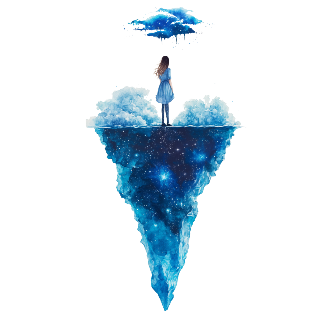 Aquarelle d'une femme sur un iceberg qui représente la profondeur de ses talents, qu'elle ne voit pas