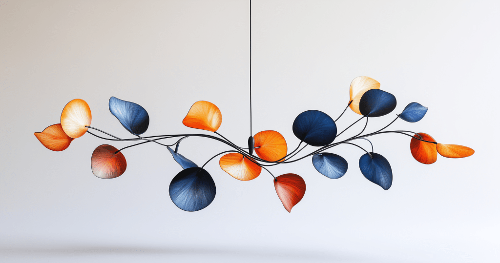Mobile cinétique inspiré de Calder restauré dans un équilibre plus riche et complexe, formes bleu marine et or en suspension dynamique