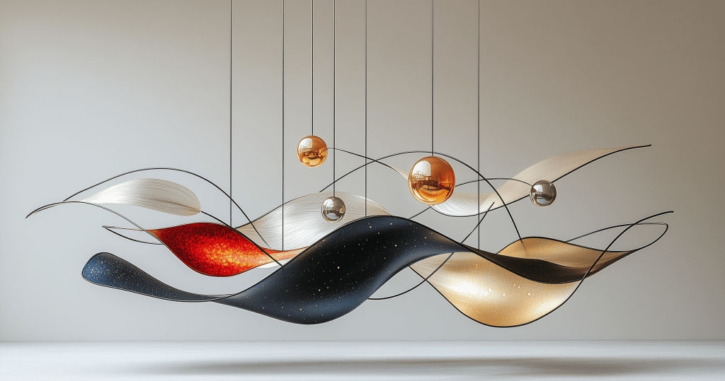 Mobile cinétique inspiré de Calder en parfait équilibre, formes bleu marine et or sur fond blanc, symbolisant la calibration intuitive du dirigeant