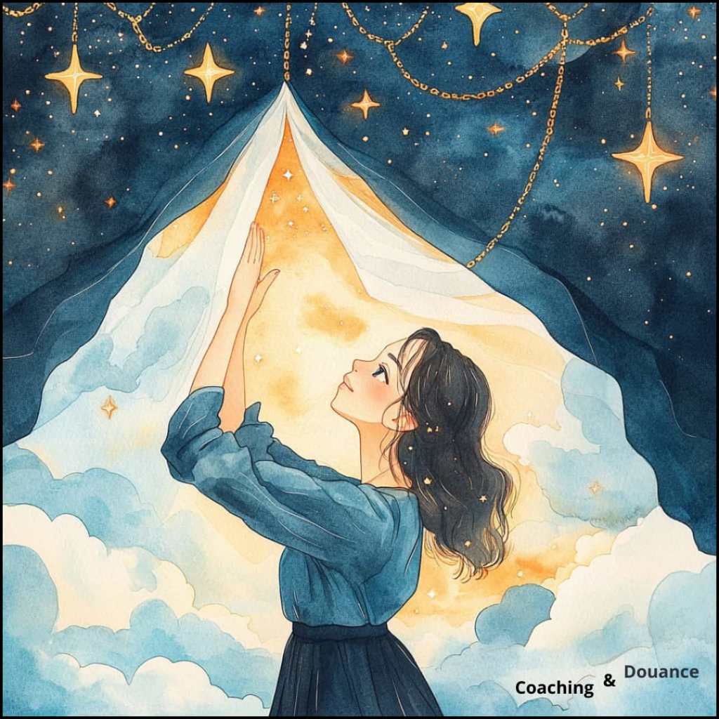 Illustration aquarelle d'une femme soulevant un voile étoilé révélant une lumière dorée — symbolisant la découverte de soi dans le parcours THPI