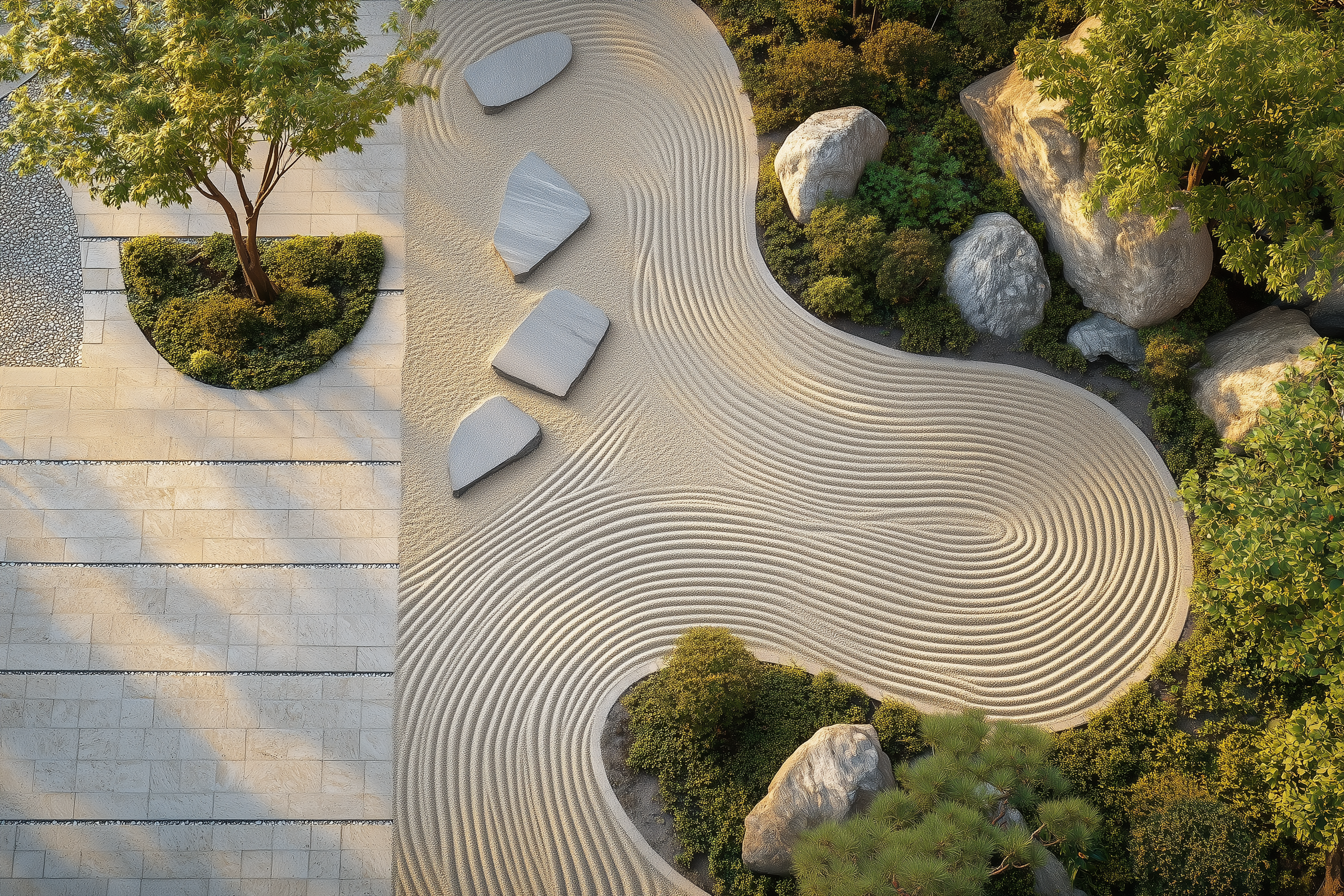 Deux chemins convergents dans un jardin zen — métaphore de la supervision comme rencontre entre deux professionnels